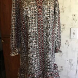 LOFT Petite XXS Bishop Sleeve Mini Dress Geometric Boho Print Button Cuff NWT